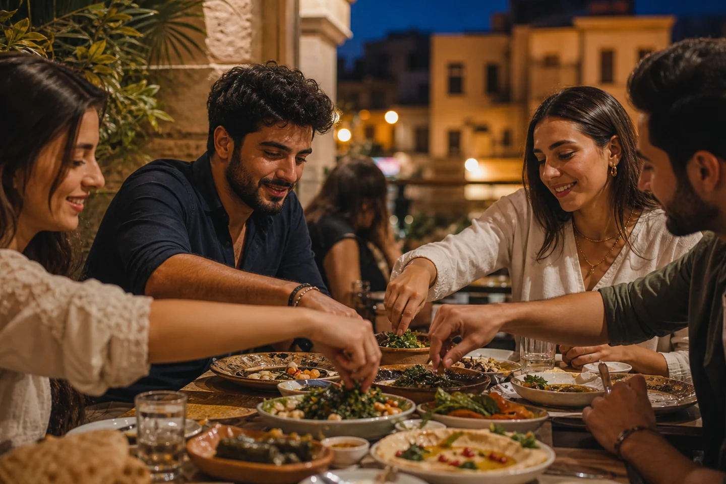 Friends sharing a Lebanese table in Beirut