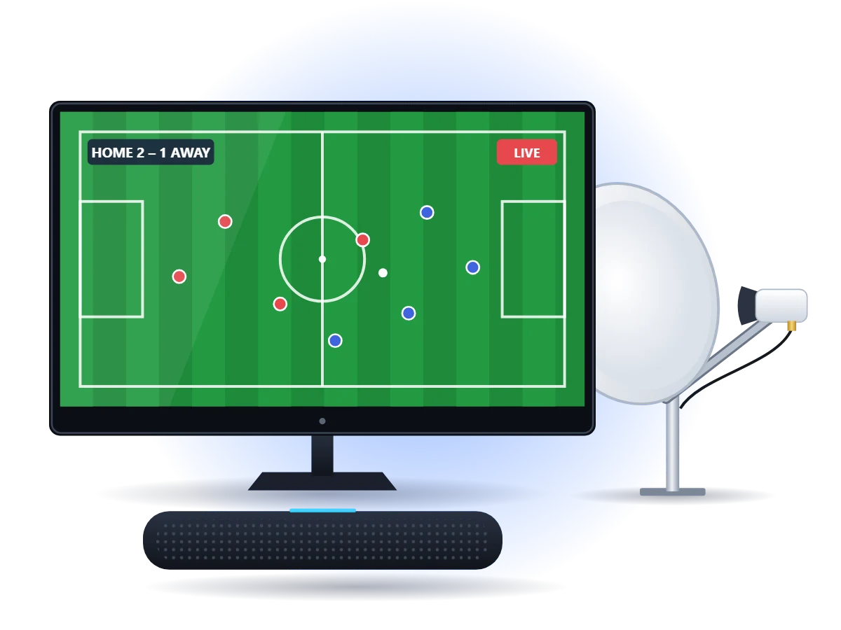 Smart TV showing a live football match, with a soundbar and satellite dish